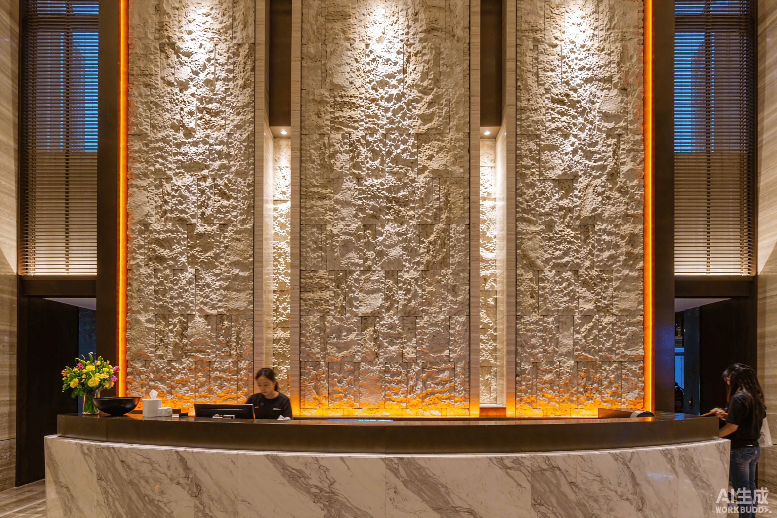 Hotel reception backdrop clad with flexible stone veneer