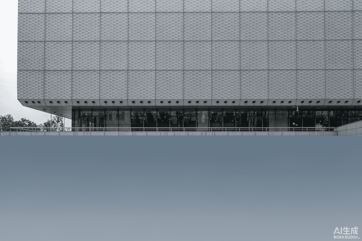 High-rise facade clad with aluminum honeycomb panels