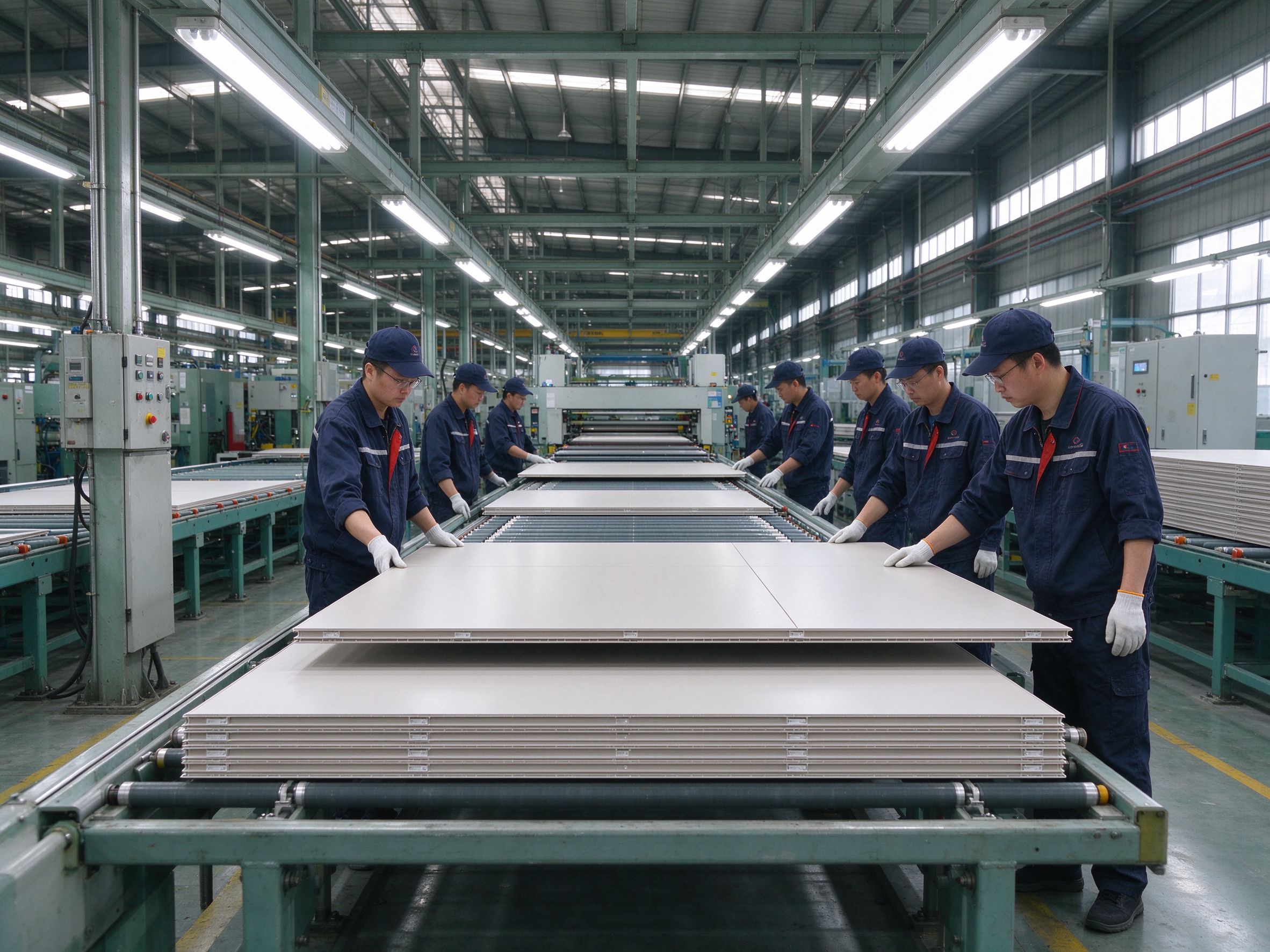 Workers inspecting aluminum panels on a factory production line