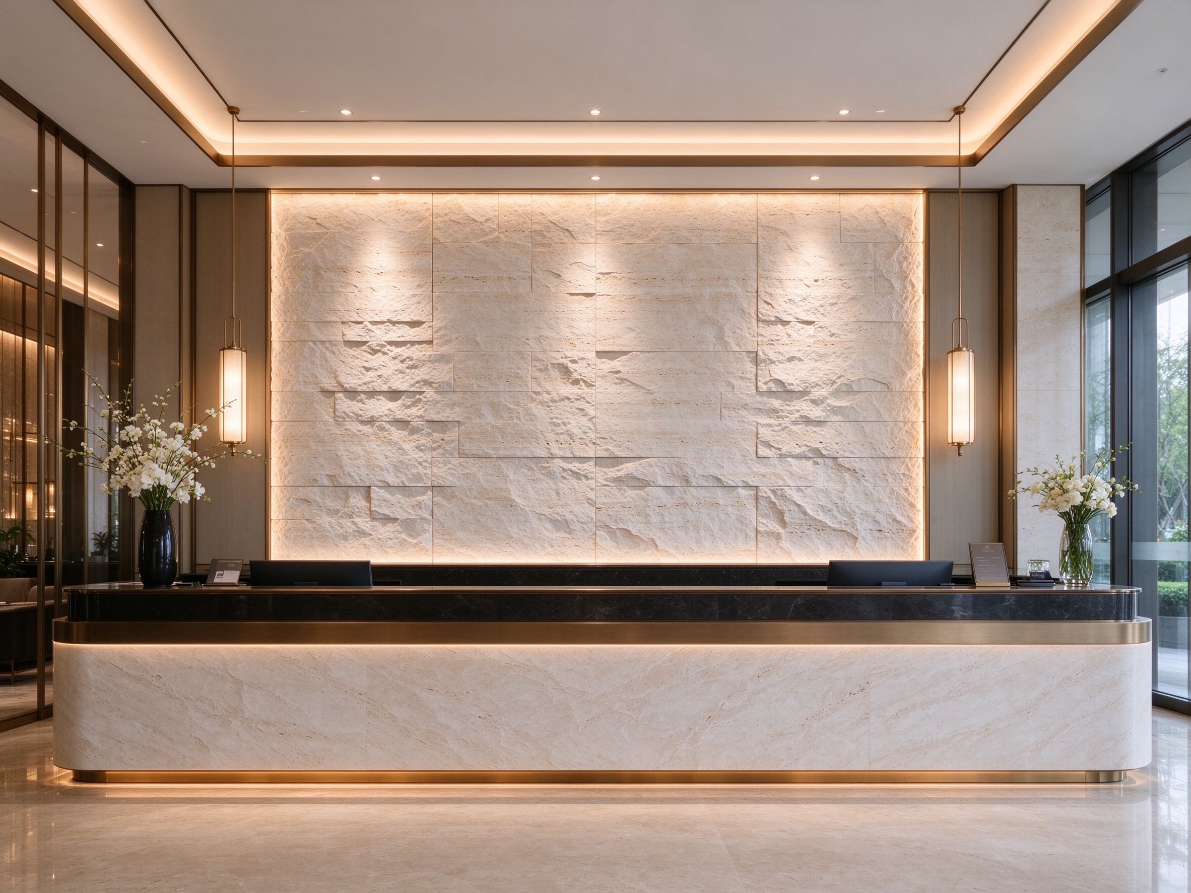 Finished flexible stone veneer feature wall in a hotel lobby