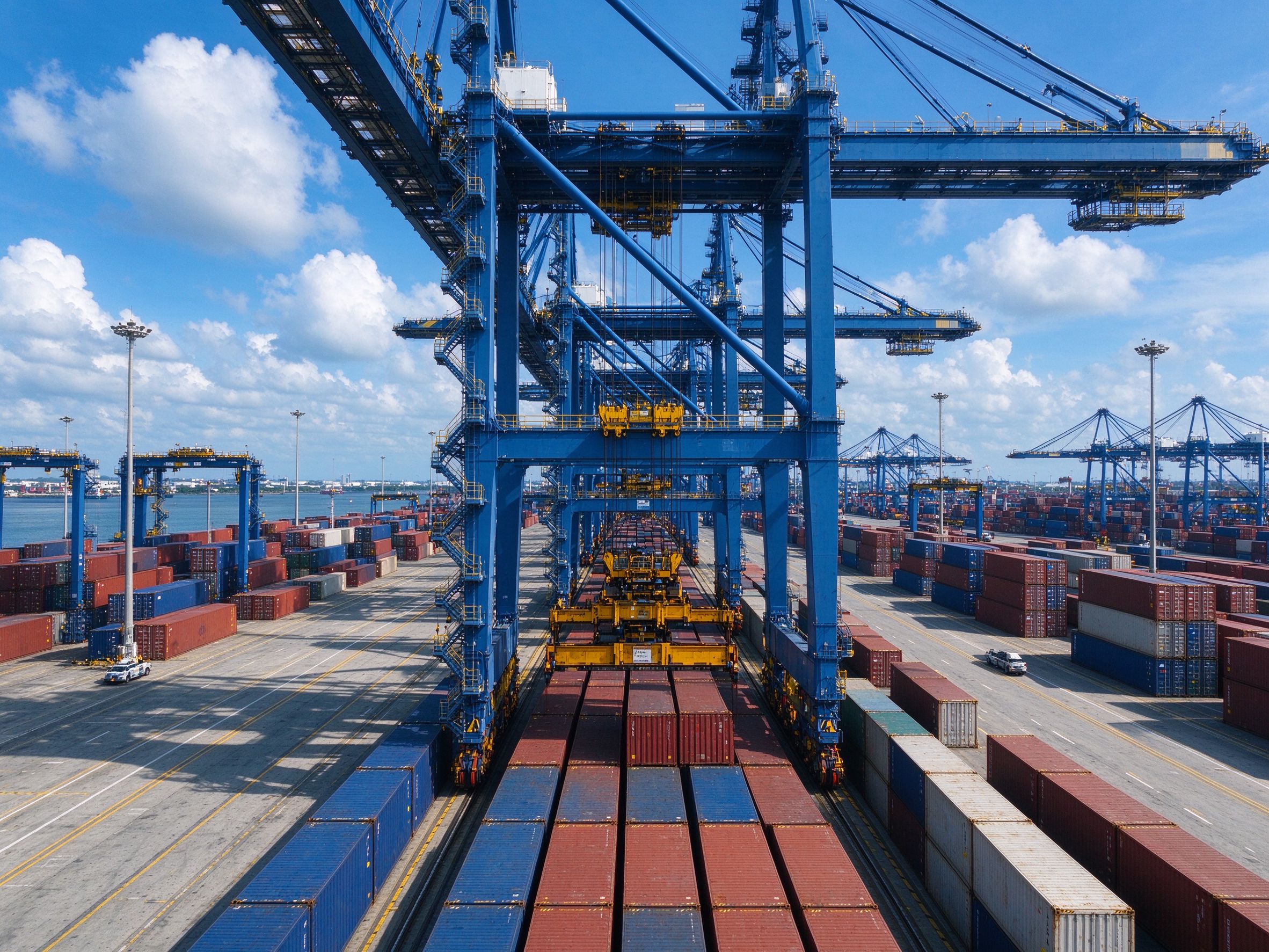 Shipping port with container cranes