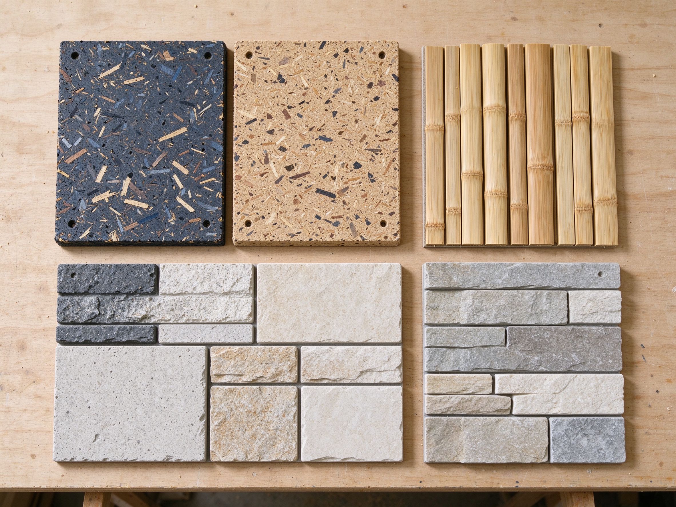 Flat lay of sustainable building material samples
