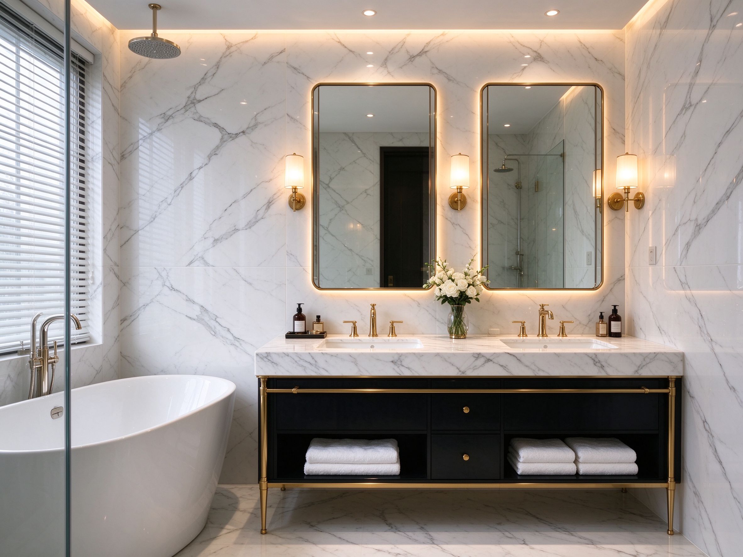 Luxury bathroom with glossy PVC marble sheet walls in Carrara pattern