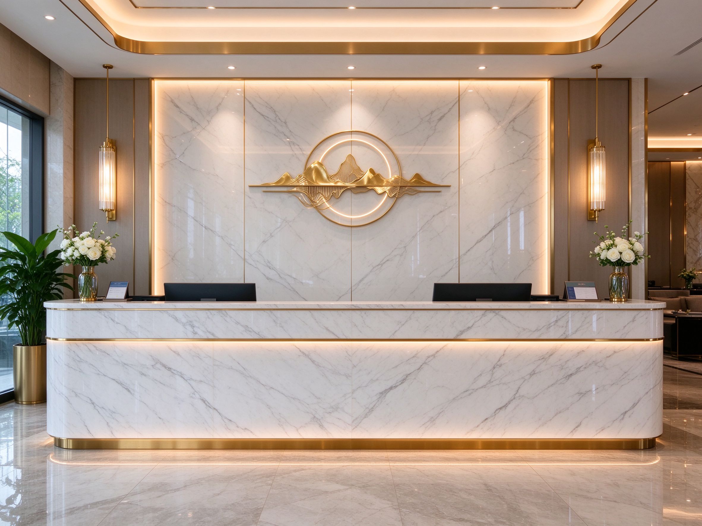 Hotel lobby reception wall finished with high-gloss PVC marble panels