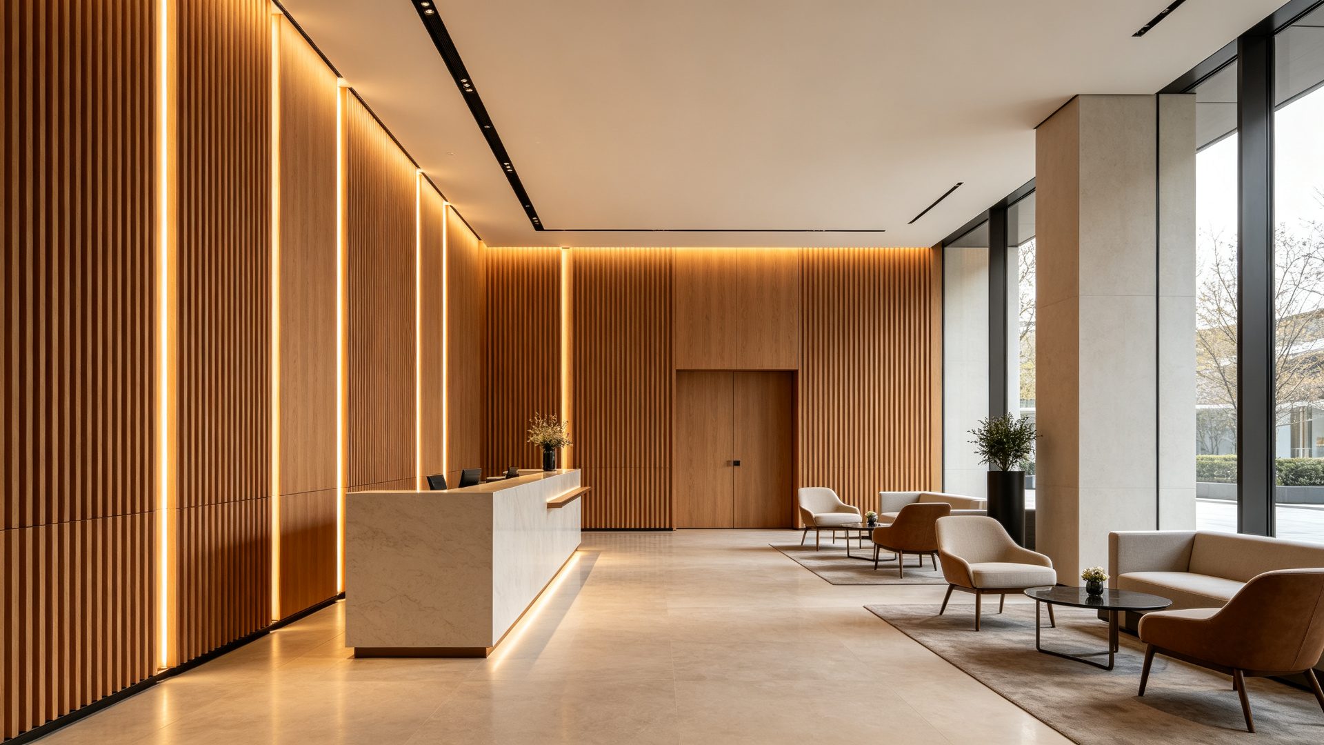 Modern hotel lobby with vertical WPC fluted wall panels in warm oak finish