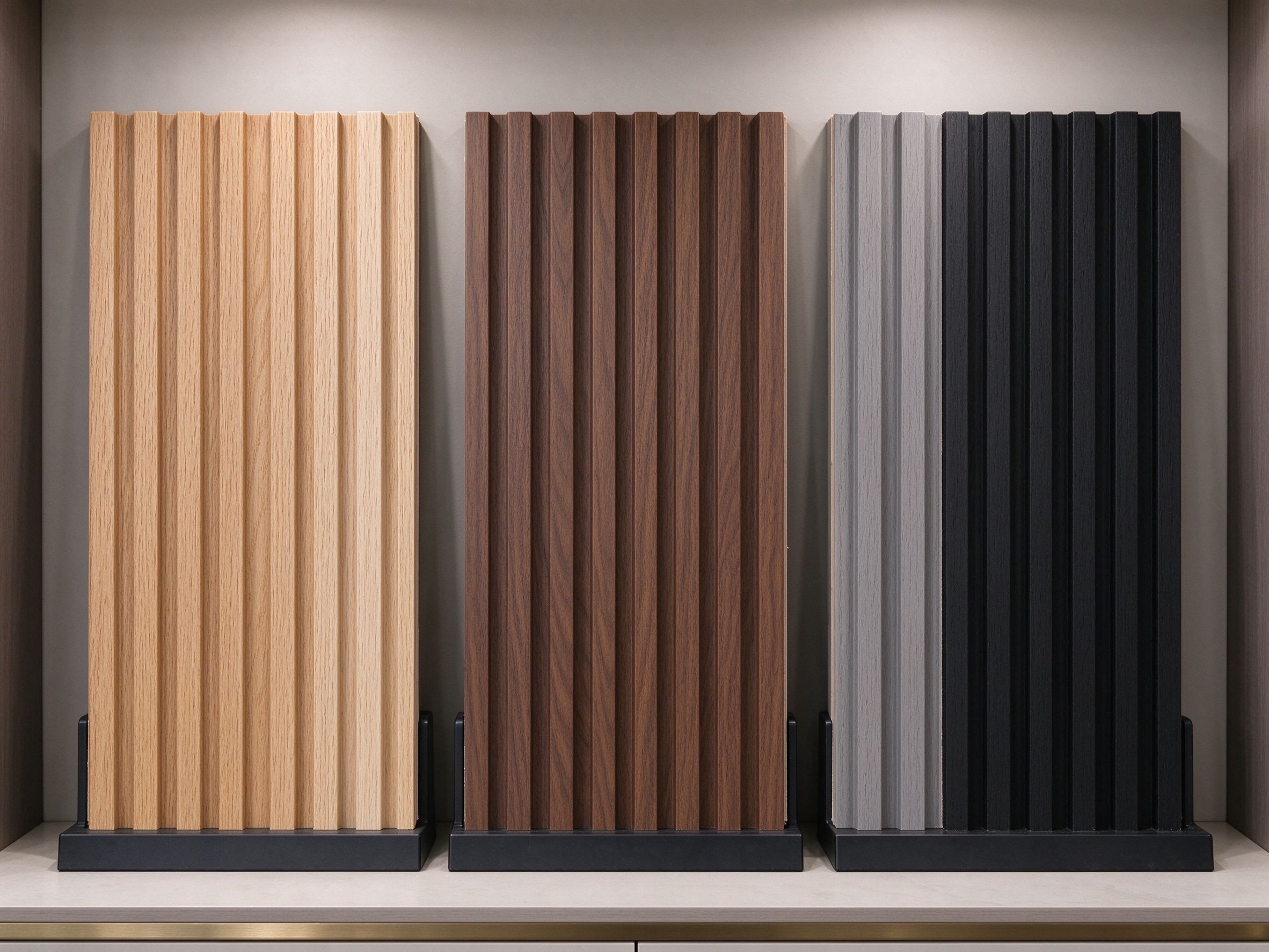 WPC fluted panel samples in oak, walnut, grey and black finishes