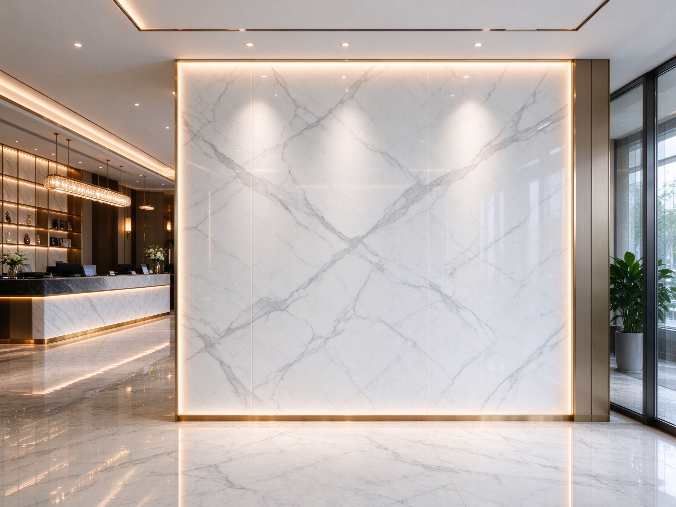 UV marble PVC sheet in a modern hotel lobby