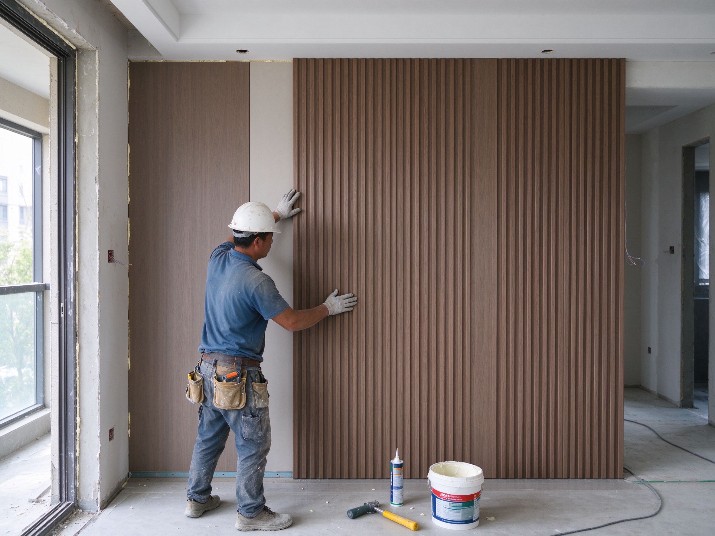 Installer positioning WPC fluted wall panel