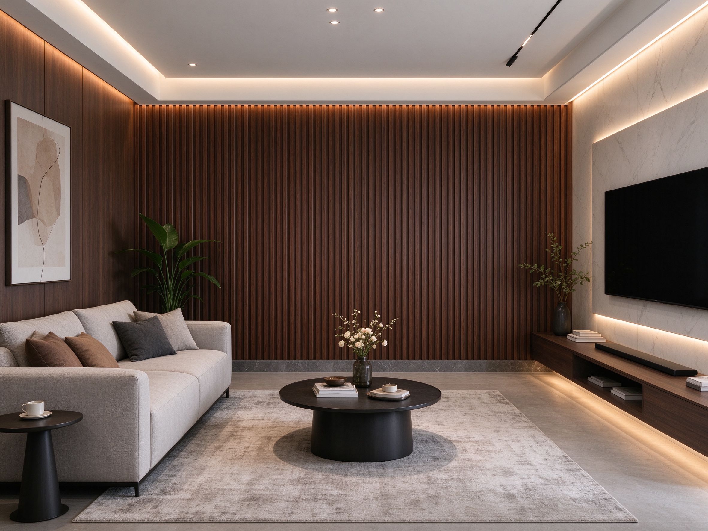Completed WPC fluted feature wall in a modern living room