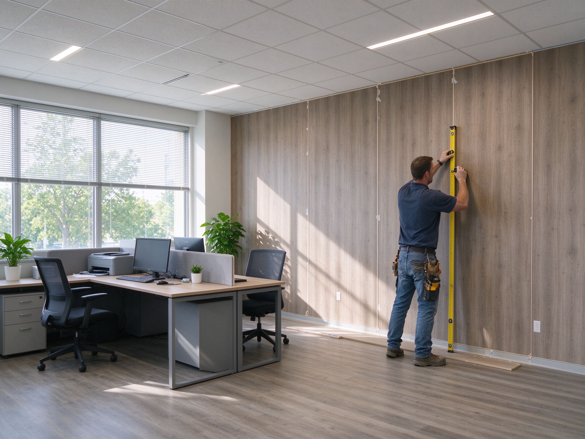 Installer measuring wall panel in a commercial office