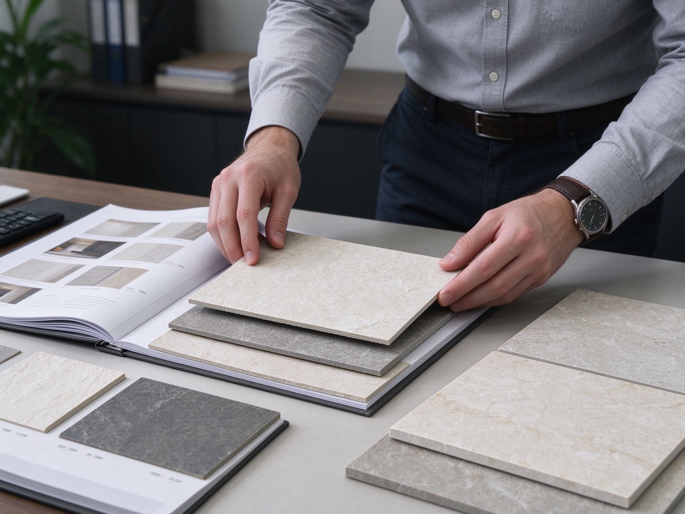 Architect reviewing flexible stone material samples at a design studio